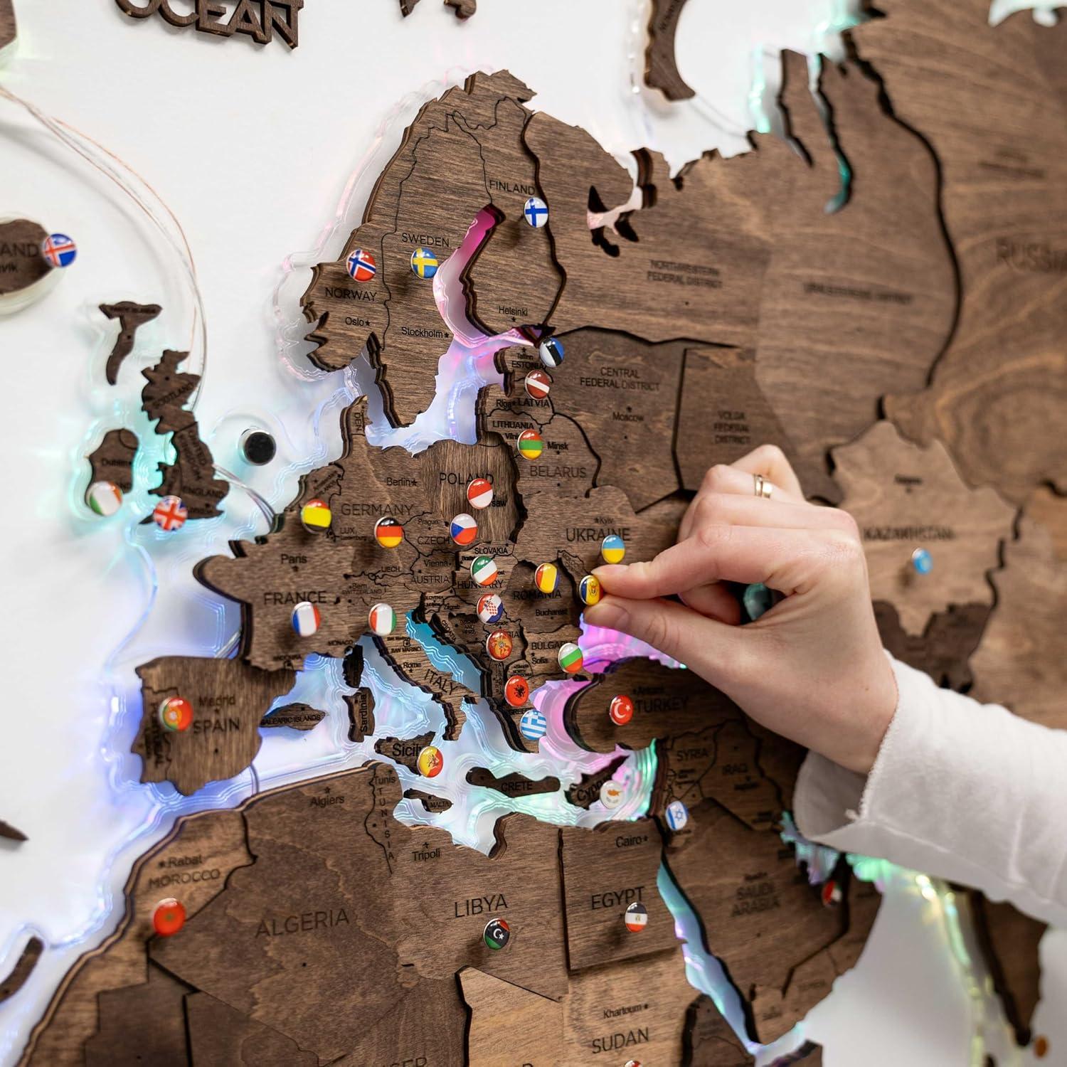 image:imageEnjoy The Wood 3D LED 20 Wood World Map Wall Art Modern Home Decor Gifts Travel Wooden Maps Pinboard with Backlighting LED Lighting Wall Decor Housewarming Gift Idea MulticolorDark Walnut