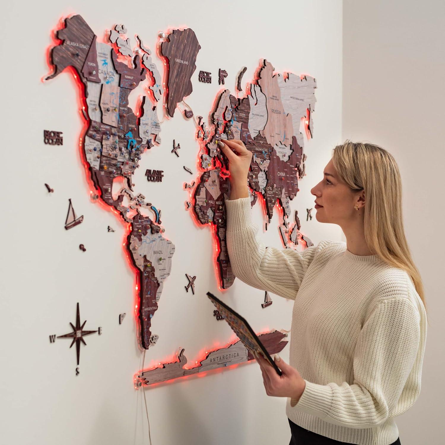 image:imageEnjoy The Wood 3D LED 20 Wood World Map Wall Art Modern Home Decor Gifts Travel Wooden Maps Pinboard with Backlighting LED Lighting Wall Decor Housewarming Gift Idea MysteryCappuccino