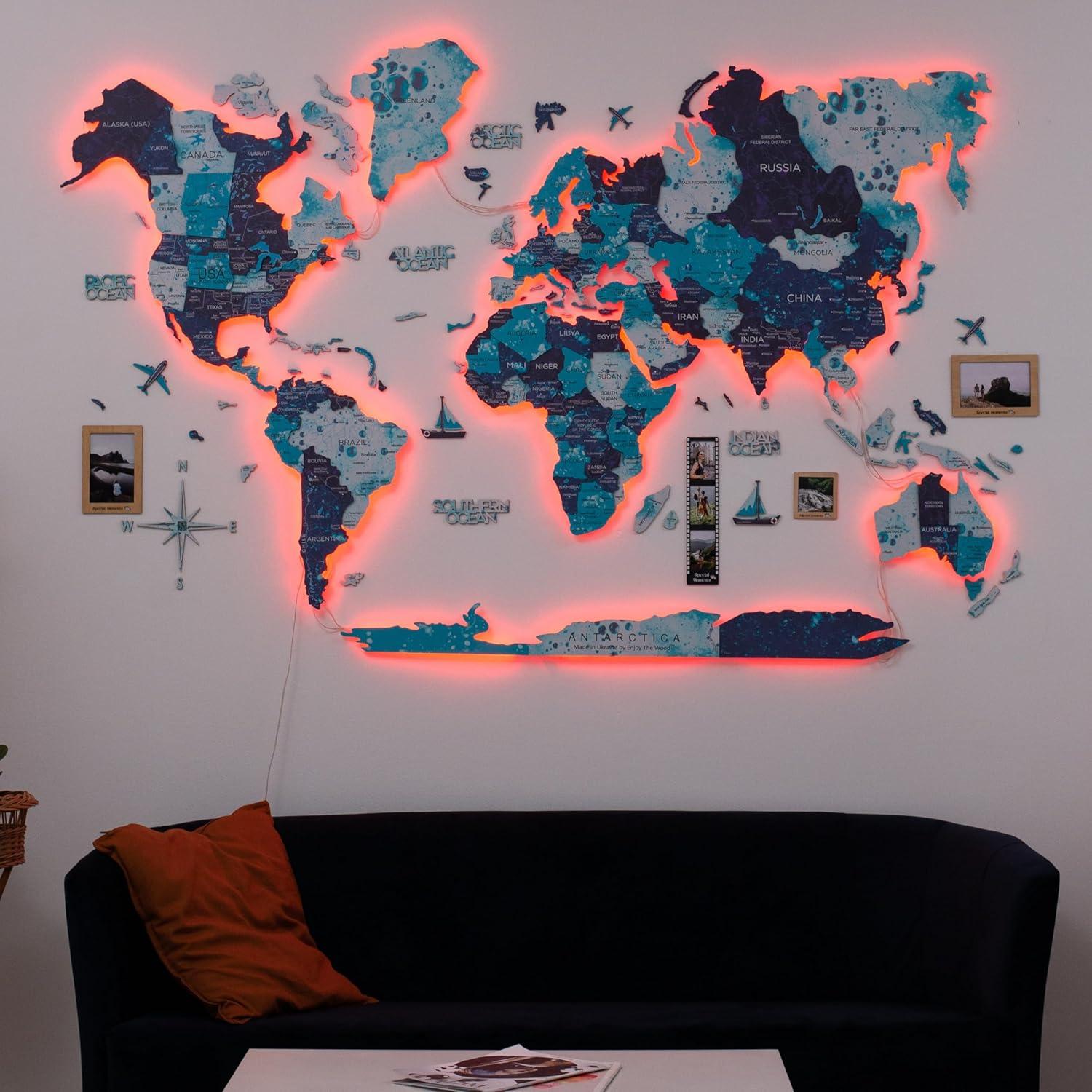 image:imageEnjoy The Wood 3D LED Wood World Map 30 with Luminous Option Wall Art Home Decor Gifts LED Lighting Wall Decor Housewarming Gift Idea Travel Wooden Maps with Backlighting Ocean