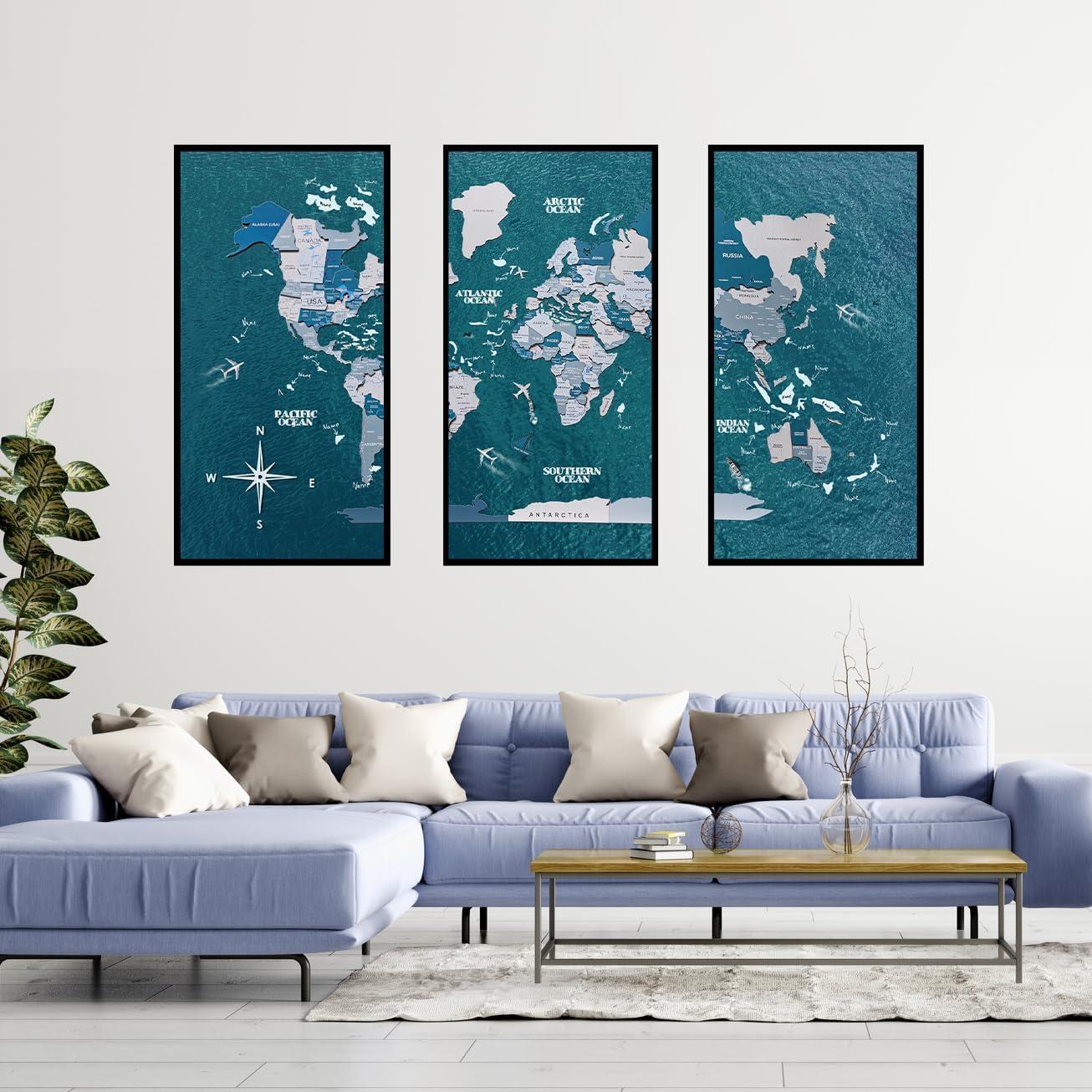 image:imageEnjoy The Wood Framed World Map Wall Art Wood Travel Decor 3D World Map On Board 3 Panels Wall Rustic Decoration Housewarming Gift Medium Triptych AquaAqua