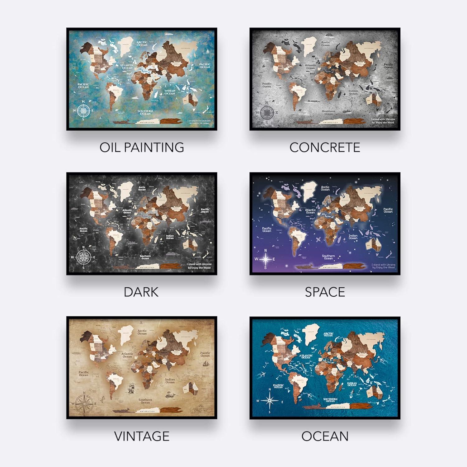 image:imageEnjoy The Wood Framed World Map Wall Art Wood Travel Decor 3D World Map On Board 3 Panels Wall Rustic Decoration Housewarming Gift Medium Triptych AquaDark Walnut