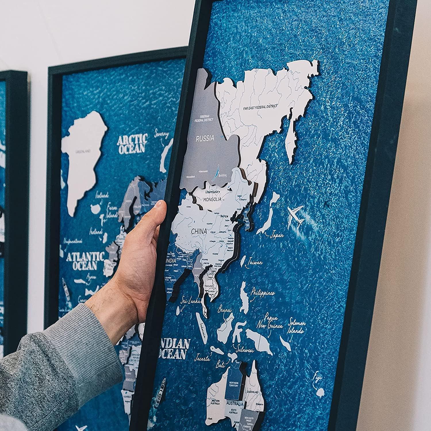 image:imageEnjoy The Wood Framed World Map Wall Art Wood Travel Decor 3D World Map On Board 3 Panels Wall Rustic Decoration Housewarming Gift Medium Triptych AquaDark Walnut