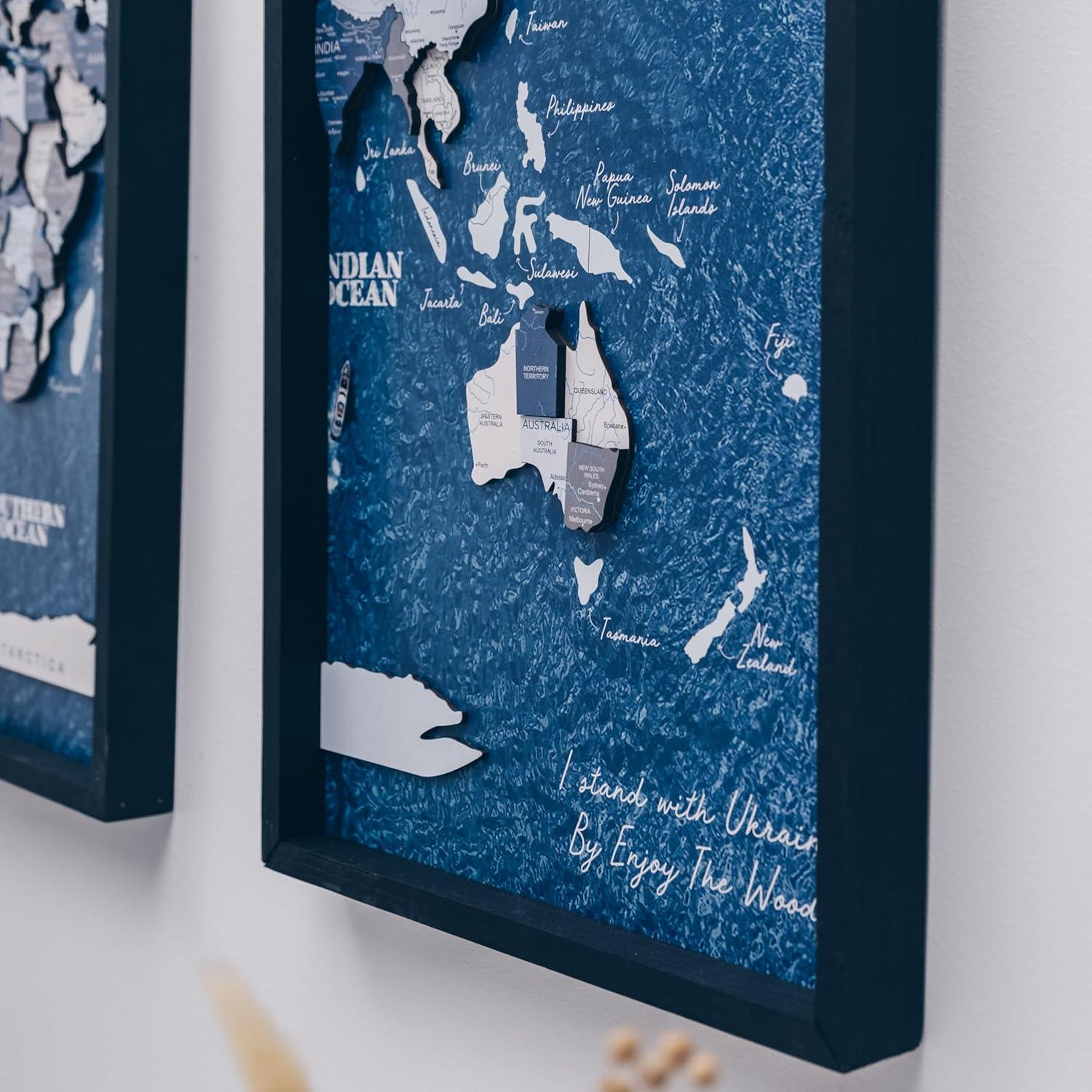 image:imageEnjoy The Wood Framed World Map Wall Art Wood Travel Decor 3D World Map On Board 3 Panels Wall Rustic Decoration Housewarming Gift Medium Triptych AquaCruise
