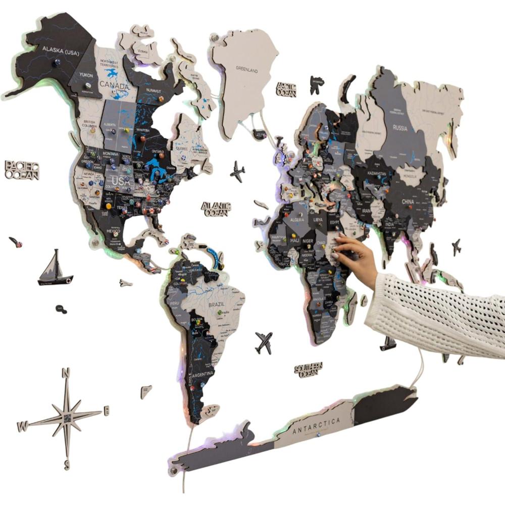 image:imageEnjoy The Wood 3D LED 20 Wood World Map Wall Art Modern Home Decor Gifts Travel Wooden Maps Pinboard with Backlighting LED Lighting Wall Decor Housewarming Gift Idea MysteryNordik