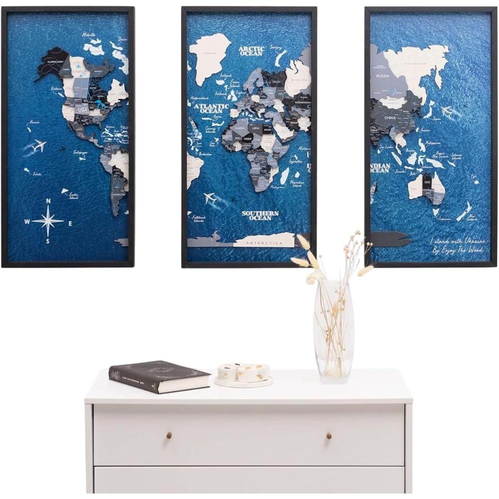 image:imageEnjoy The Wood Framed World Map Wall Art Wood Travel Decor 3D World Map On Board 3 Panels Wall Rustic Decoration Housewarming Gift Medium Triptych AquaNordic