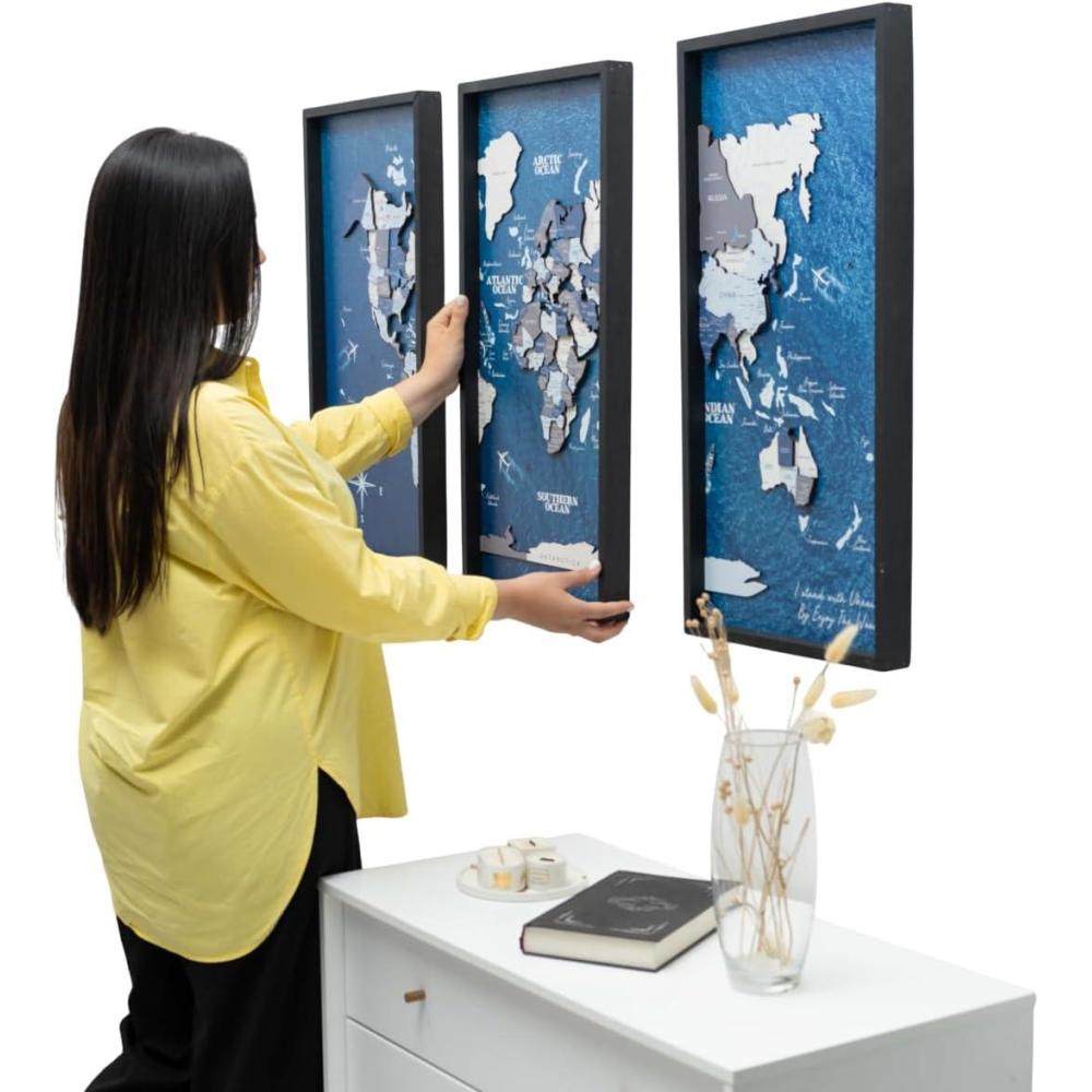 image:imageEnjoy The Wood Framed World Map Wall Art Wood Travel Decor 3D World Map On Board 3 Panels Wall Rustic Decoration Housewarming Gift Medium Triptych AquaCruise