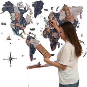 Enjoy The Wood 3D LED 2.0 Wood World Map Wall Art Modern Home Decor Gifts Travel Wooden Maps Pinboard with Backlighting LED Lighting Wall Decor Housewarming Gift Idea (Mystery)(Mystery)