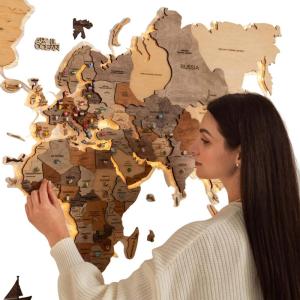 Enjoy The Wood 3D LED 2.0 Wood World Map Wall Art Modern Home Decor Gifts Travel Wooden Maps Pinboard with Backlighting LED Lighting Wall Decor Housewarming Gift Idea (Multicolor)(Multicolor)