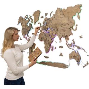 Enjoy The Wood 3D LED 2.0 Wood World Map Wall Art Modern Home Decor Gifts Travel Wooden Maps Pinboard with Backlighting LED Lighting Wall Decor Housewarming Gift Idea (Multicolor)(Terra)