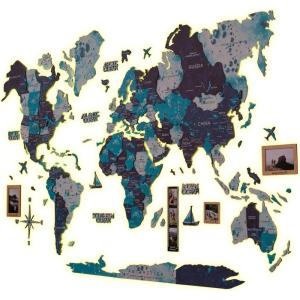 Enjoy The Wood 3D LED Wood World Map 3.0 with Luminous Option – Wall Art Home Decor Gifts – LED Lighting Wall Decor Housewarming Gift Idea – Travel Wooden Maps with Backlighting (Ocean)