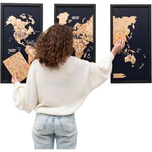 Enjoy The Wood Framed World Map Wall Art Wood Travel Decor 3D World Map On Board 3 Panels Wall Rustic Decoration Housewarming Gift (Medium, Triptych, Aqua)(Light)