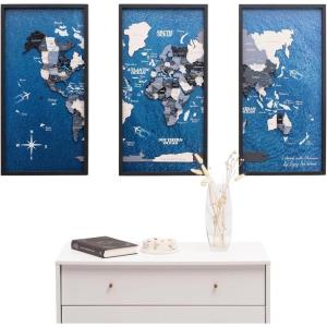 Enjoy The Wood Framed World Map Wall Art Wood Travel Decor 3D World Map On Board 3 Panels Wall Rustic Decoration Housewarming Gift (Medium, Triptych, Aqua)(Nordic)