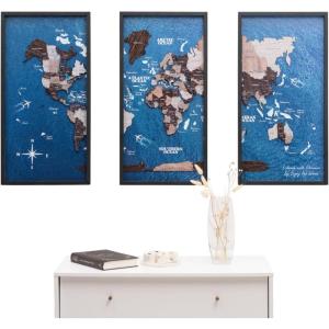Enjoy The Wood Framed World Map Wall Art Wood Travel Decor 3D World Map On Board 3 Panels Wall Rustic Decoration Housewarming Gift (Medium, Triptych, Aqua)(Cappuccino)