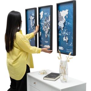 Enjoy The Wood Framed World Map Wall Art Wood Travel Decor 3D World Map On Board 3 Panels Wall Rustic Decoration Housewarming Gift (Medium, Triptych, Aqua)(Cruise)