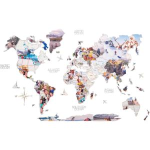 Enjoy The Wood Photo World Map Wall Art – Home Decor Travel Map Collage Family Photo Collage Personalized Housewarming Gift Art For Home & Kitchen or Office (Customizable, Pastel)(Pastel)