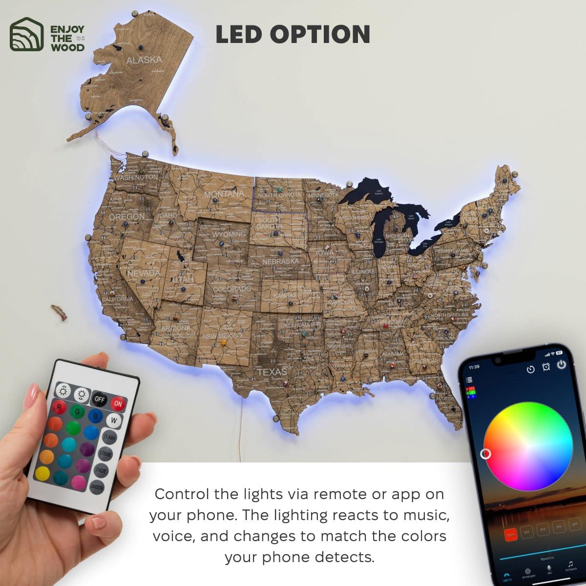 image:imageENJOY THE WOOD 3D LED Wooden USA Map US States Travel Tracker Wooden Lighting Wall Decor Push Pin Map United States LED 30 Wood Mark Your Travels MulticolorTerra