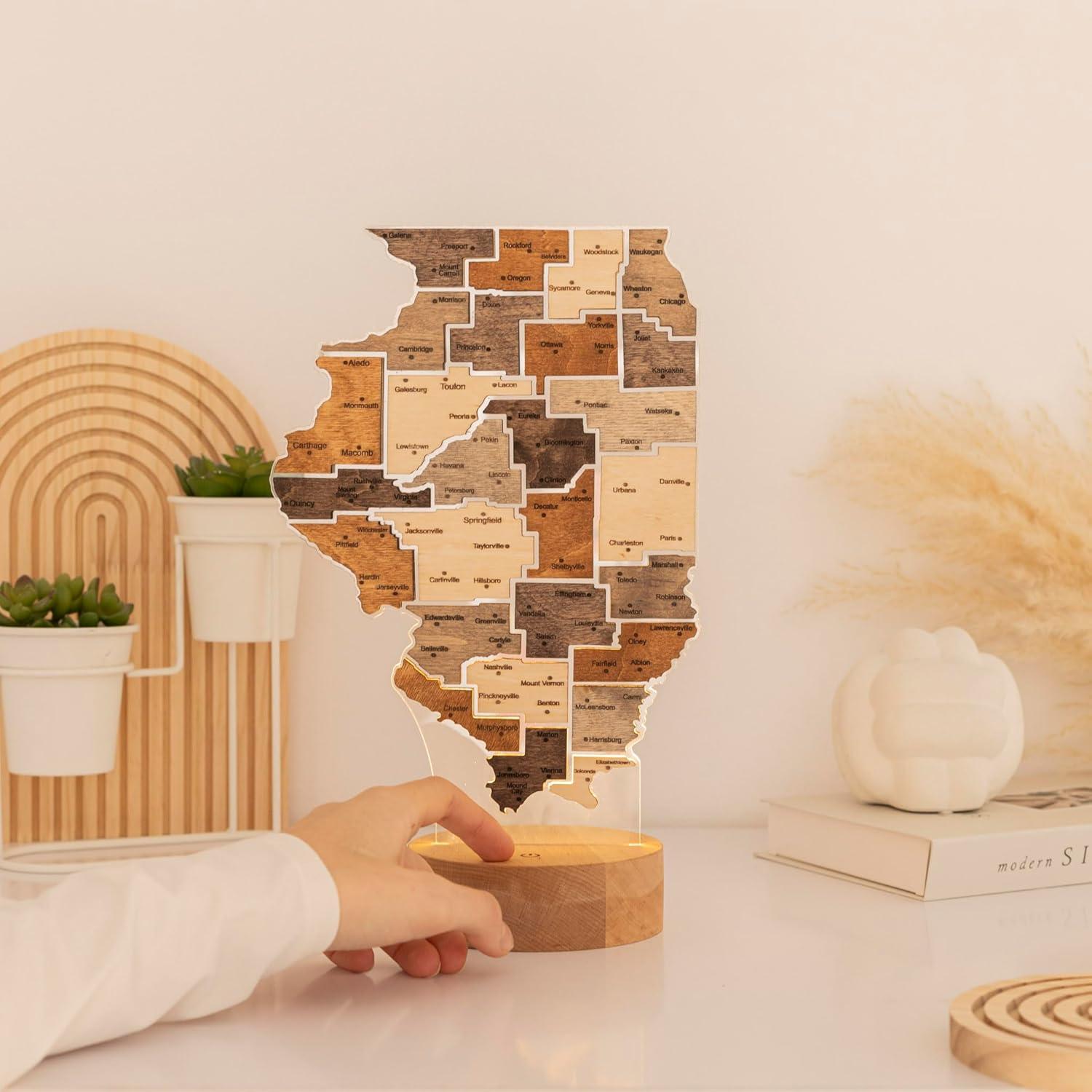 image:imageWooden USA Map Night Light with LED Handmade State Map Lamp Warm amp RGB Backlight Alder Wood amp Acrylic Engraved Decor Travel amp Patriotic Gift Bedroom Wall Light GeorgiaIllinois