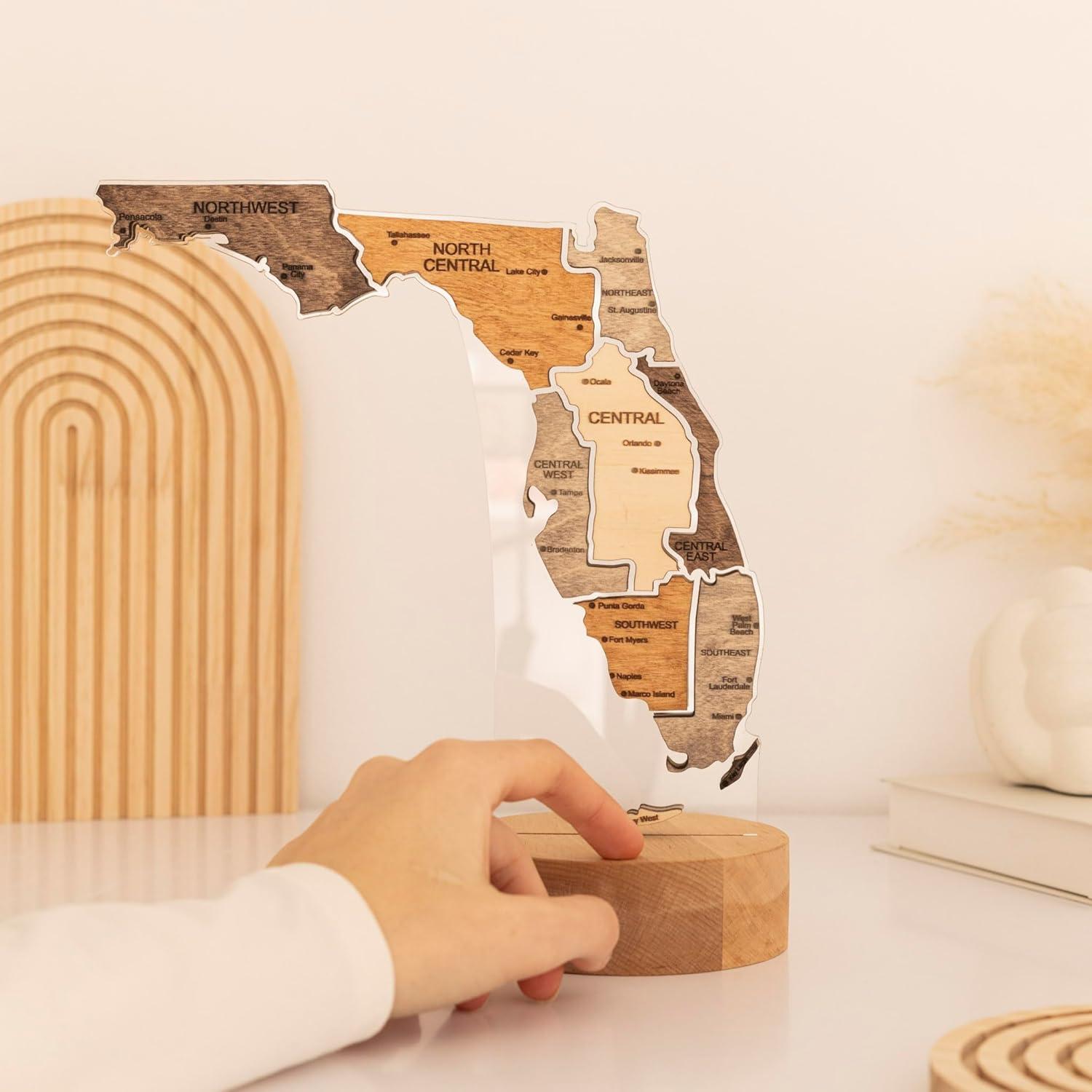 image:imageWooden USA Map Night Light with LED Handmade State Map Lamp Warm amp RGB Backlight Alder Wood amp Acrylic Engraved Decor Travel amp Patriotic Gift Bedroom Wall Light GeorgiaFlorida