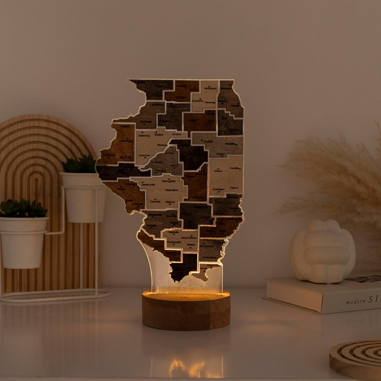 image:imageWooden USA Map Night Light with LED Handmade State Map Lamp Warm amp RGB Backlight Alder Wood amp Acrylic Engraved Decor Travel amp Patriotic Gift Bedroom Wall Light GeorgiaIllinois