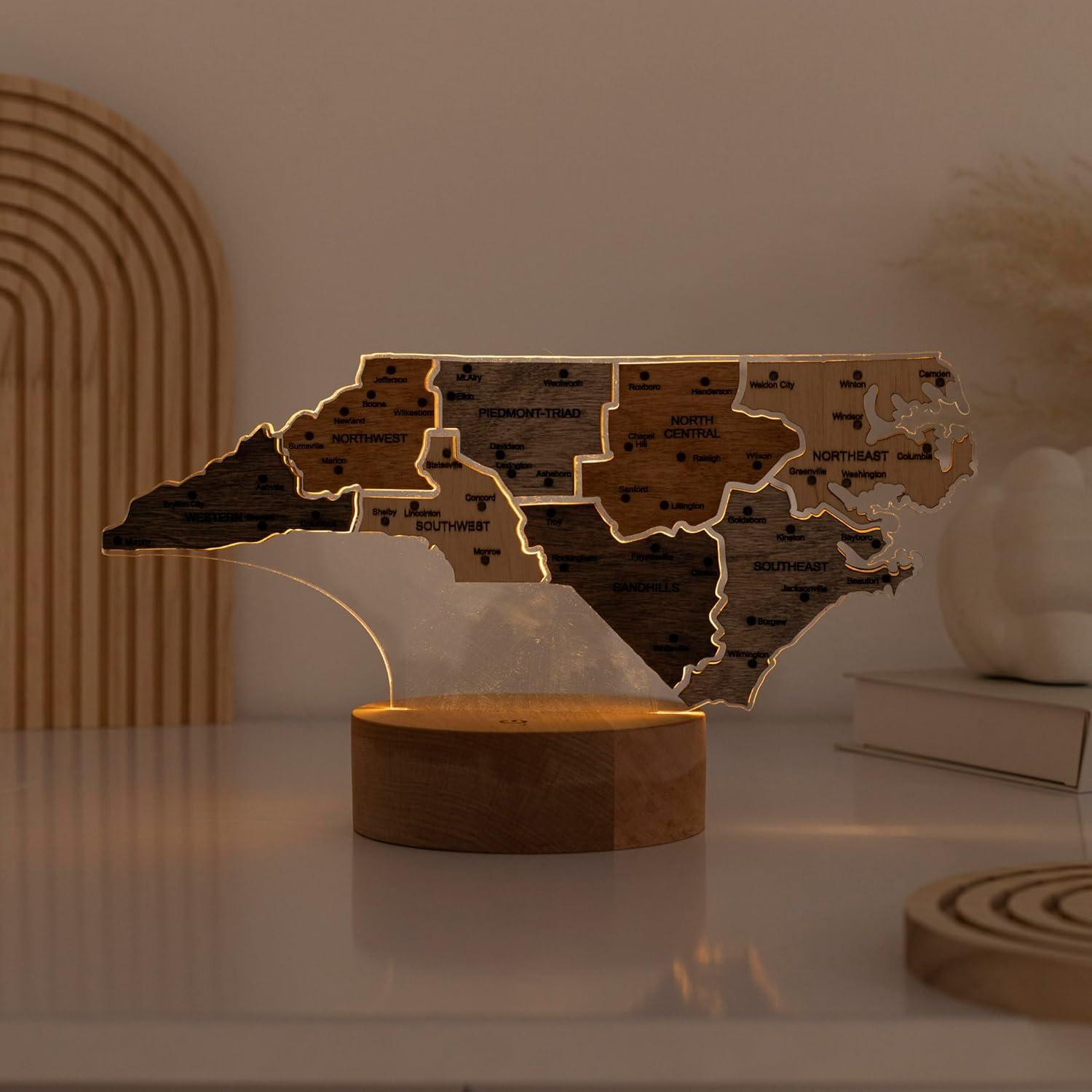 image:imageWooden USA Map Night Light with LED Handmade State Map Lamp Warm amp RGB Backlight Alder Wood amp Acrylic Engraved Decor Travel amp Patriotic Gift Bedroom Wall Light GeorgiaNorth Carolina