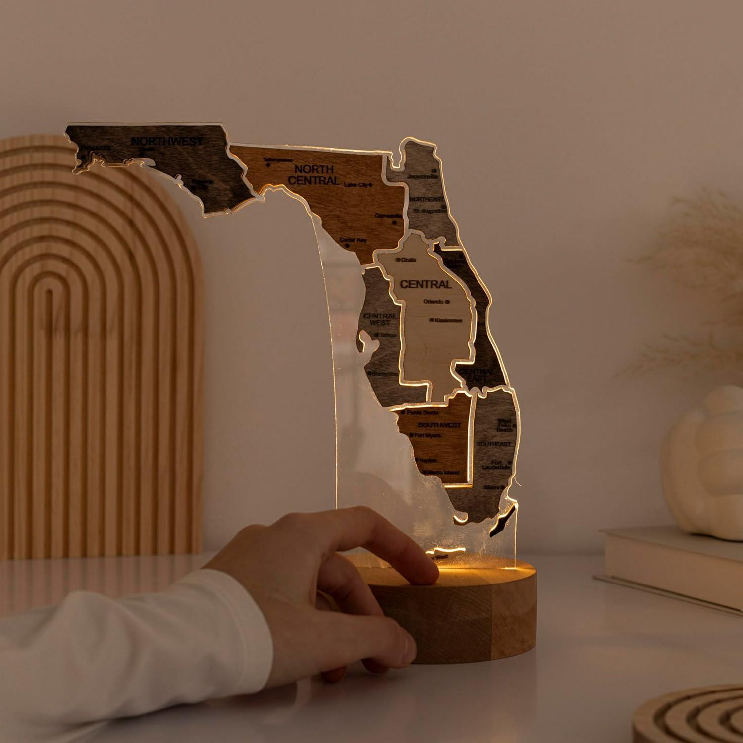 image:imageWooden USA Map Night Light with LED Handmade State Map Lamp Warm amp RGB Backlight Alder Wood amp Acrylic Engraved Decor Travel amp Patriotic Gift Bedroom Wall Light GeorgiaFlorida