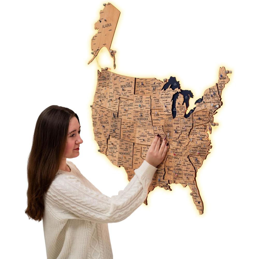 image:imageENJOY THE WOOD 3D LED Wooden USA Map  US States Travel Tracker Wooden Lighting Wall Decor Push Pin Map United States  LED 30 Wood Mark Your Travels MulticolorGold