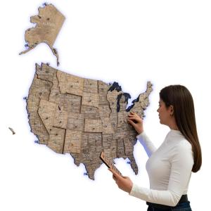 ENJOY THE WOOD 3D LED Wooden USA Map – US States Travel Tracker Wooden Lighting Wall Decor Push Pin Map United States – LED 3.0 Wood Mark Your Travels (Multicolor)(Terra)