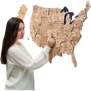ENJOY THE WOOD Wooden USA Map Visited Places – 3D US States Map Travel Tracker Wooden Map Wall Decor – Mark Your Travels Map Wood Wall Art For Home & Kitchen or Office (With Roads, Small)(Gold)