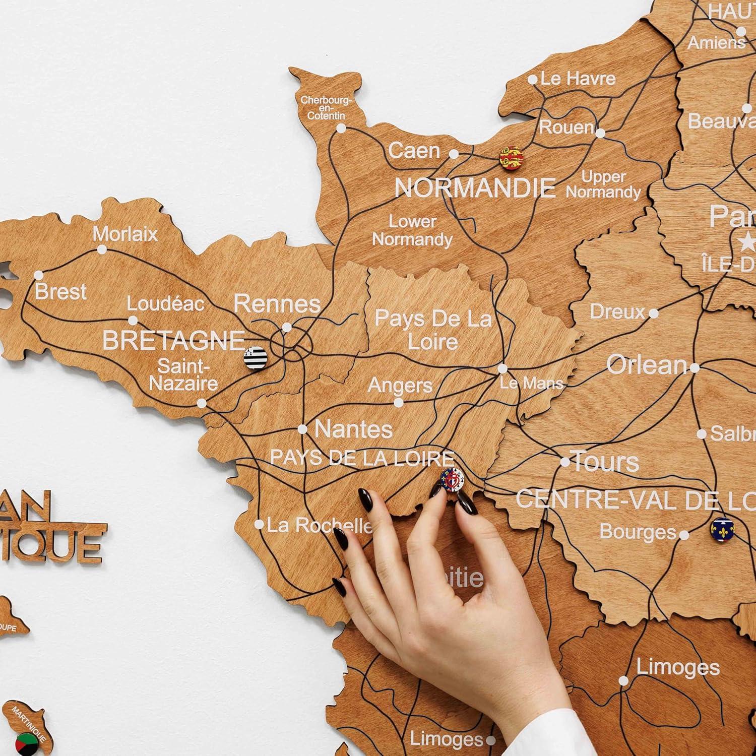 image:imageEnjoy The Wood France Travel Map with Pins 3D Wood Map of France Handcrafted 3D Wall Art Decor Wooden Wall Maps Perfect Office or Home Decor Gift for Travelers Light L UnframedOak