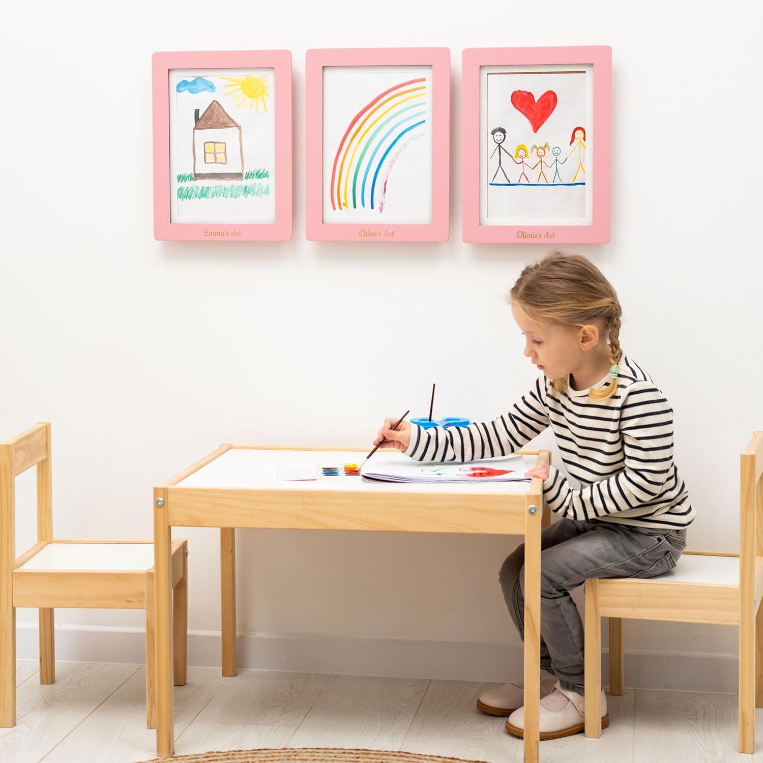 image:imageEnjoy The Wood Kids Art Display Frame Changeable Artwork Easy Change Picture Frames Front Opening Personalized Storage for Children Drawing Wooden Storages Pink FrameLight