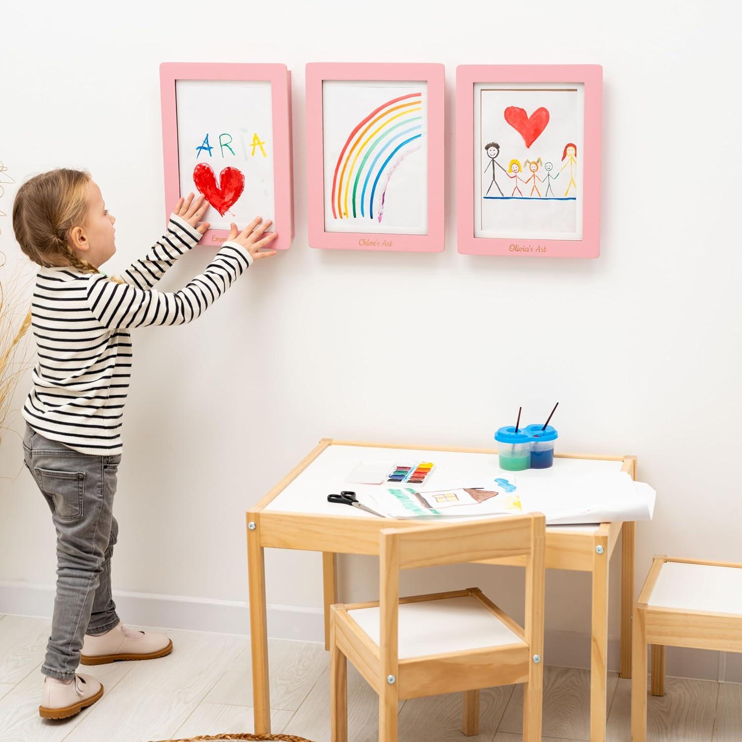 image:imageEnjoy The Wood Kids Art Display Frame Changeable Artwork Easy Change Picture Frames Front Opening Personalized Storage for Children Drawing Wooden Storages Pink FrameWhite