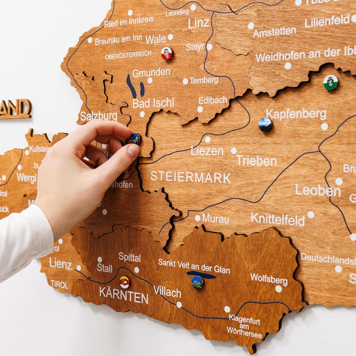 image:imageEnjoy The Wood Wooden Map of Austria 3D Wall Art 3D Multilayer Austria Wall Decor with Cities Regions amp Roads Options Travel Map with Pins Educational Home Decor Light SOak