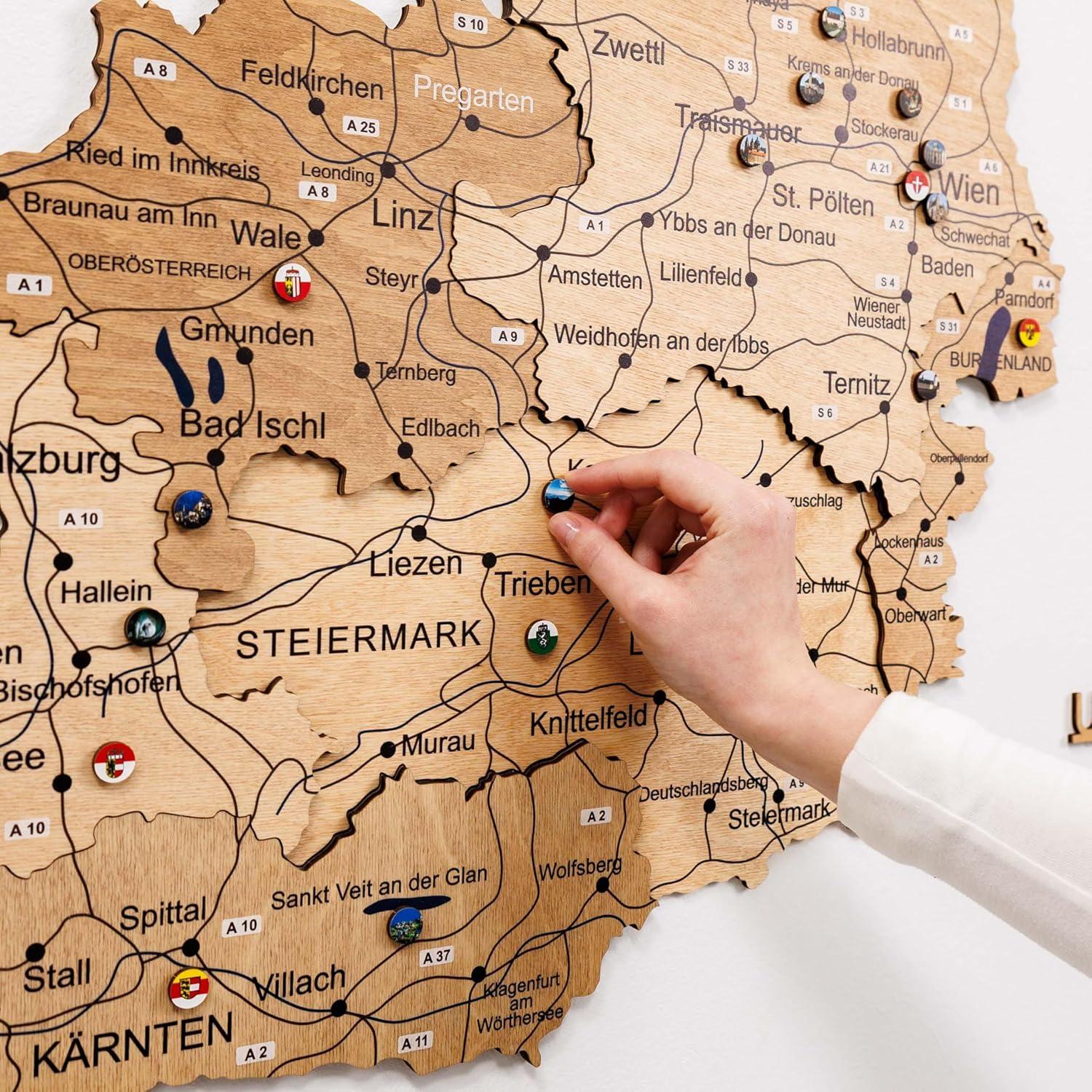 image:imageEnjoy The Wood Wooden Map of Austria 3D Wall Art 3D Multilayer Austria Wall Decor with Cities Regions amp Roads Options Travel Map with Pins Educational Home Decor Light SLight