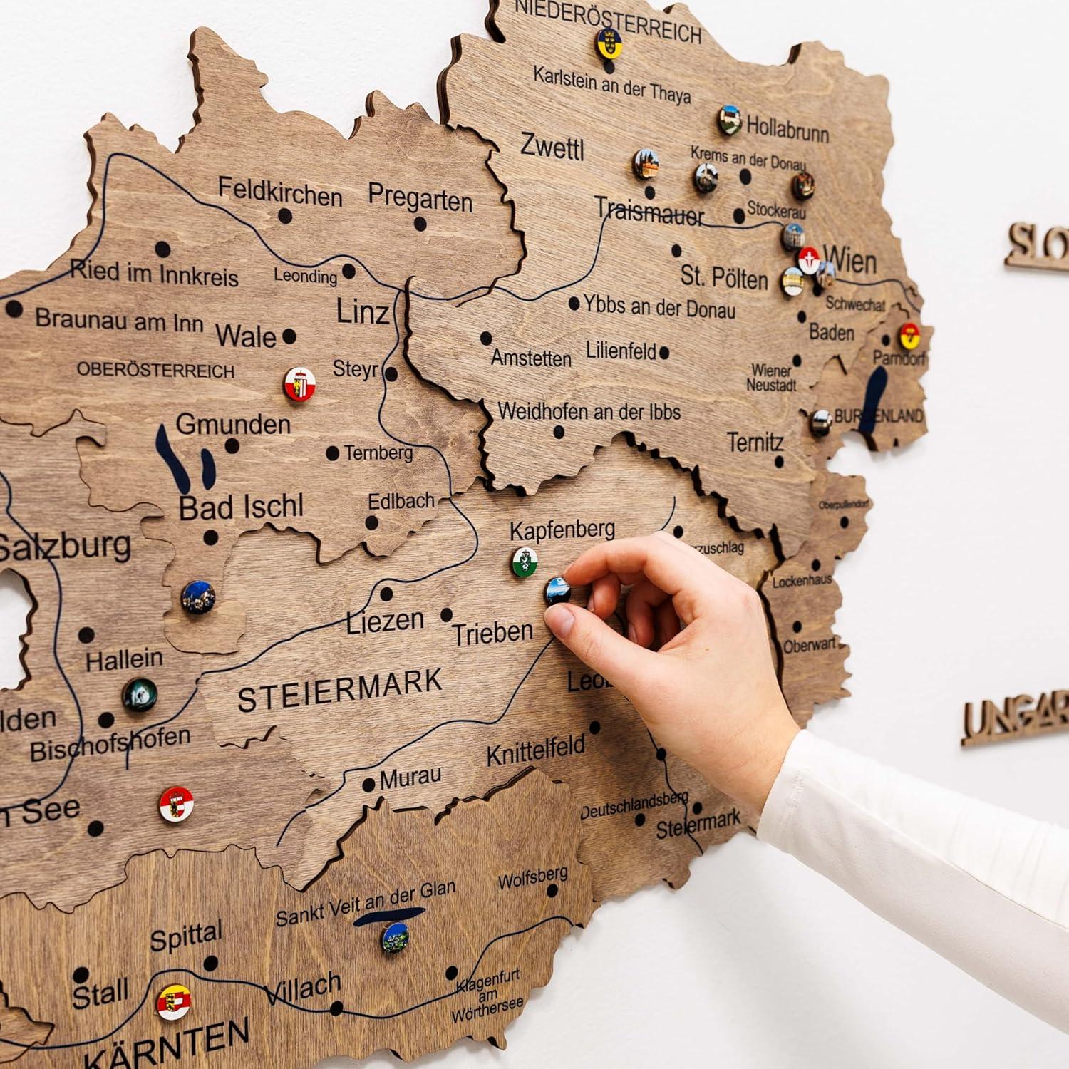 image:imageEnjoy The Wood Wooden Map of Austria 3D Wall Art 3D Multilayer Austria Wall Decor with Cities Regions amp Roads Options Travel Map with Pins Educational Home Decor Light STerra