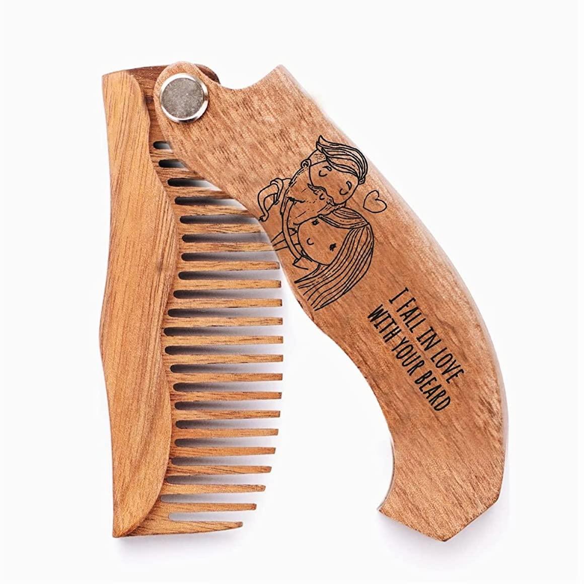 image:imageWooden Beard Comb for Men Personalized Folding Pocket Comb for Moustache Beard amp Hair Walnut Combs Engraved Half SkullFall in love
