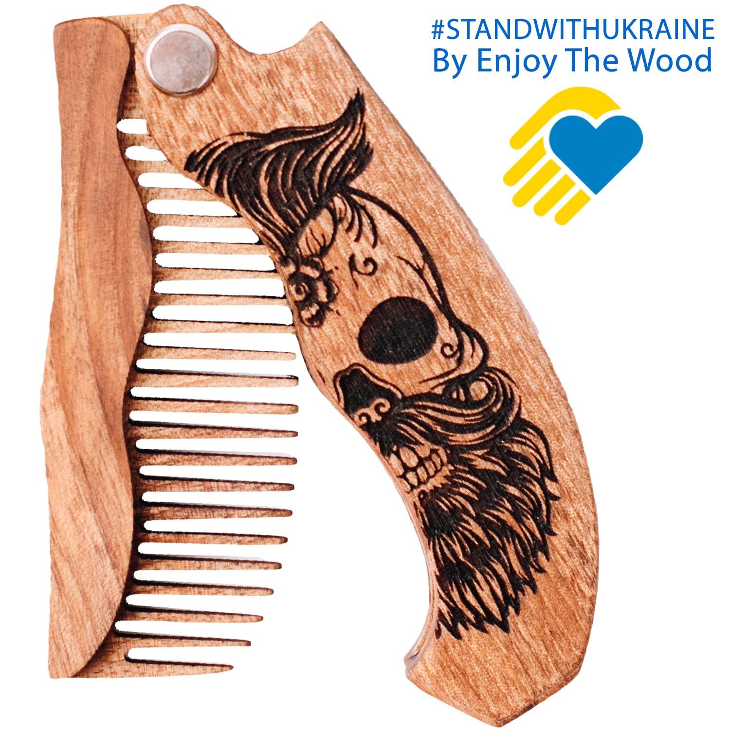 image:imageWooden Beard Comb for Men Personalized Folding Pocket Comb for Moustache Beard amp Hair Walnut Combs Engraved Half SkullHalf Skull