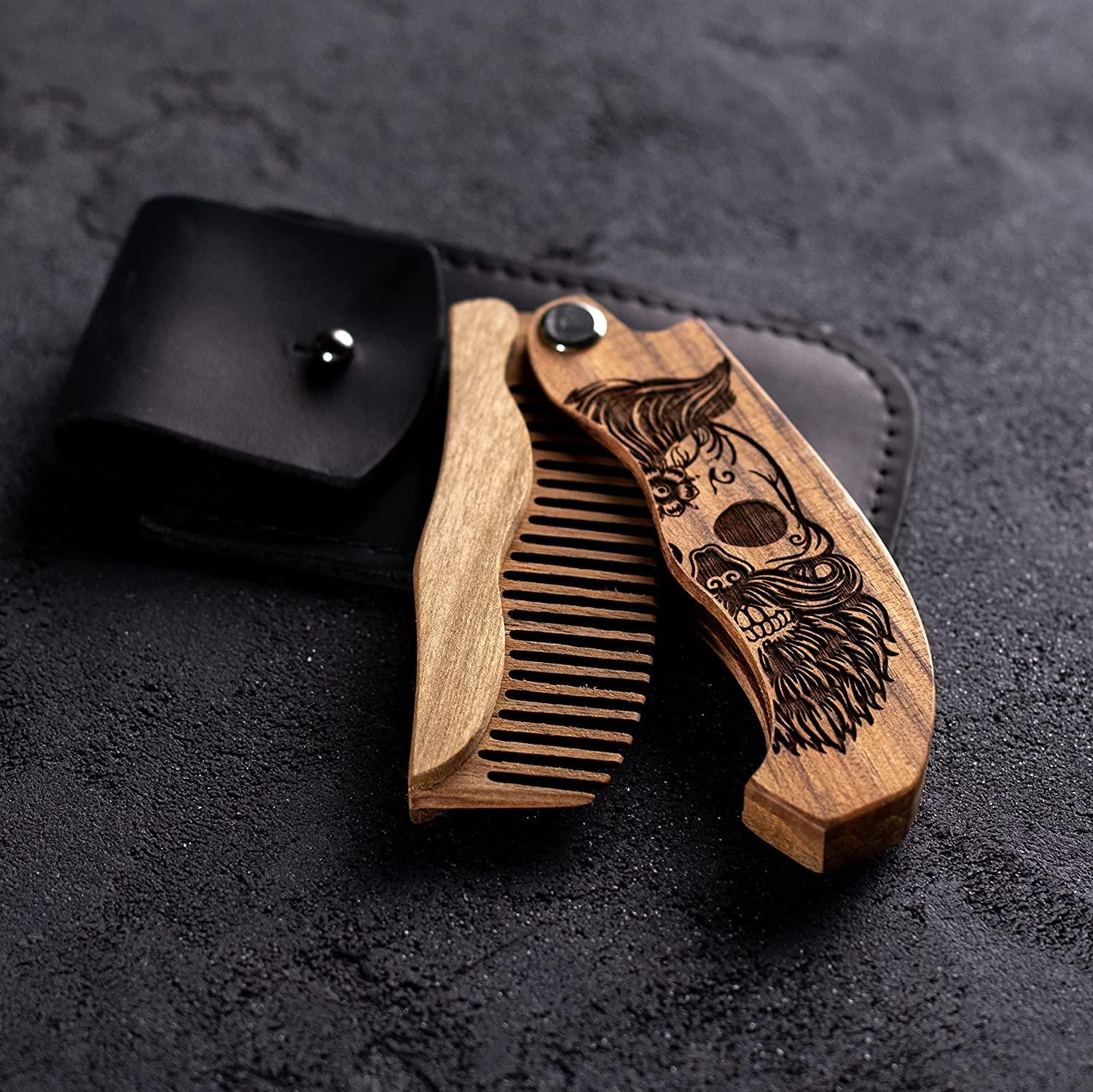 image:imageWooden Beard Comb for Men Personalized Folding Pocket Comb for Moustache Beard amp Hair Walnut Combs Engraved Half SkullHalf Skull