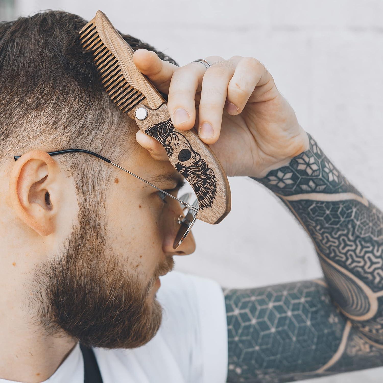 image:imageWooden Beard Comb for Men Personalized Folding Pocket Comb for Moustache Beard amp Hair Walnut Combs Engraved Half SkullHalf Skull