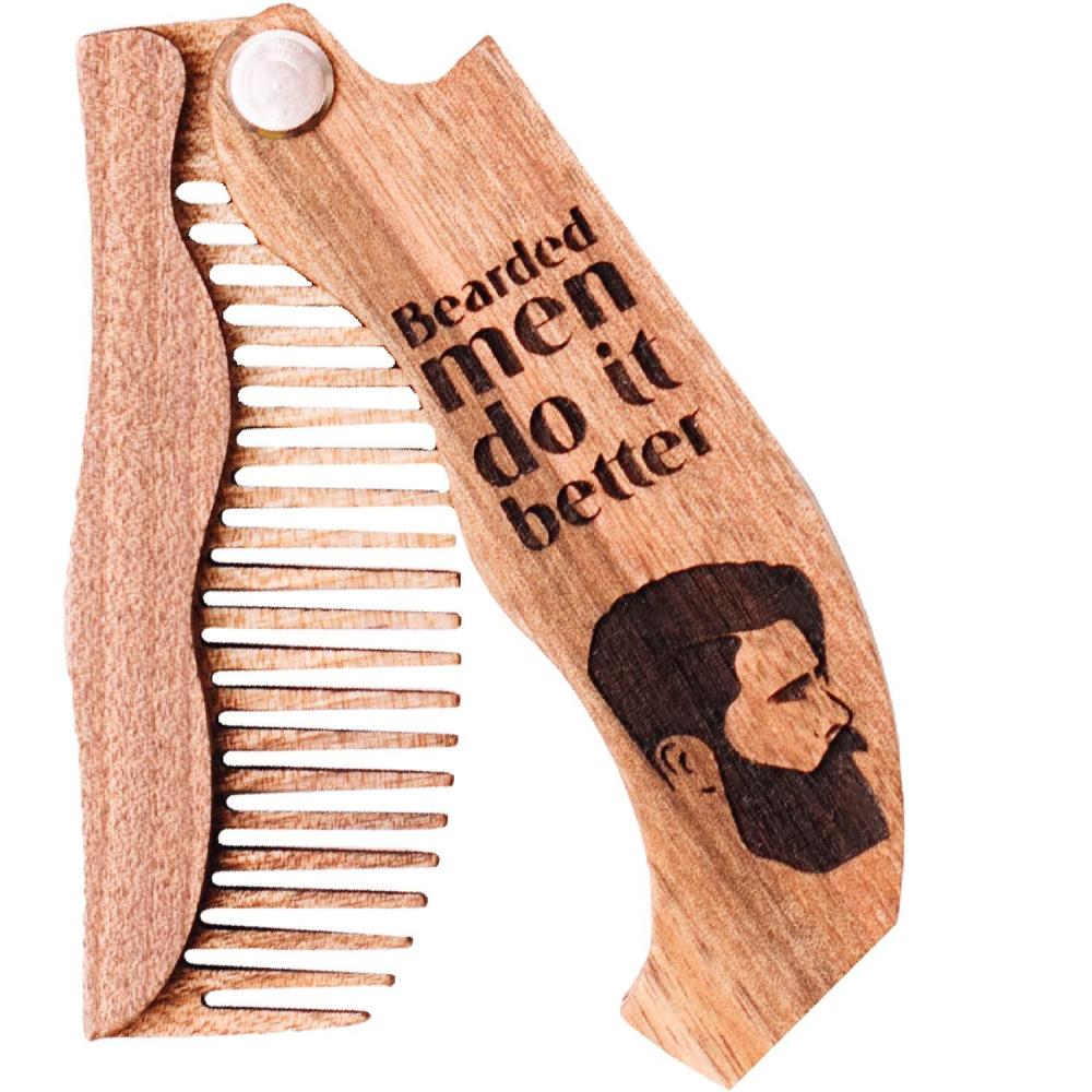 image:imageWooden Beard Comb for Men  Personalized Folding Pocket Comb for Moustache Beard amp Hair Walnut Combs Engraved Half SkullBearded Man