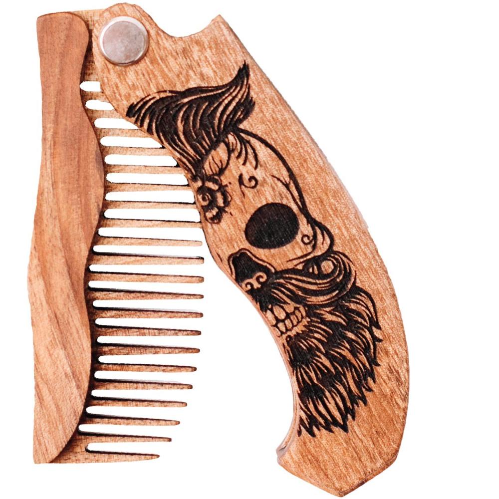 image:imageWooden Beard Comb for Men Personalized Folding Pocket Comb for Moustache Beard amp Hair Walnut Combs Engraved Half SkullHalf Skull
