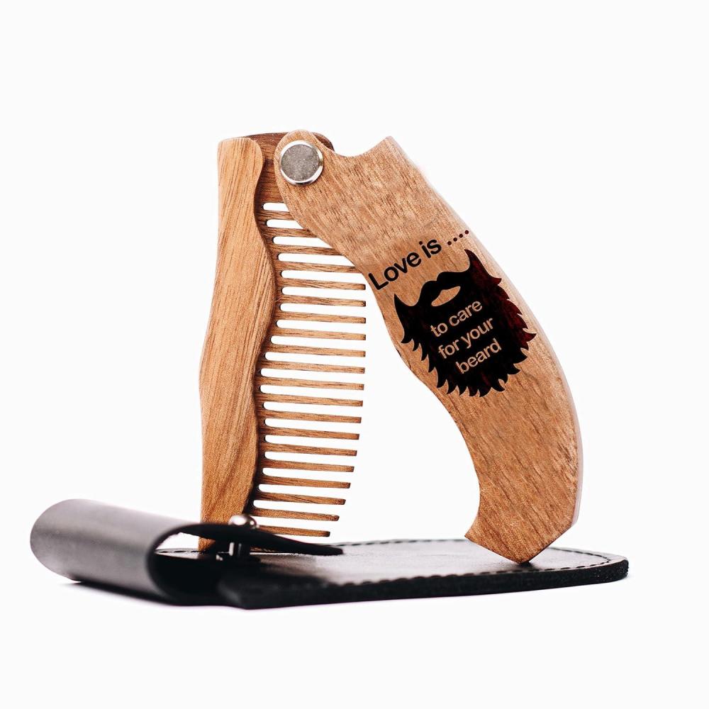 image:imageWooden Beard Comb for Men  Personalized Folding Pocket Comb for Moustache Beard amp Hair Walnut Combs Engraved Half SkullLove Is