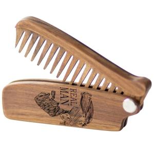 Beard Comb for Men Pocket Folding Combs for Mustache & Hair Travel Natural Wooden Comb with Real Man Engraving – Perfect for Use w/Beard Balm Oil (Wavy Half Skull) (Model RM)(Model RM)