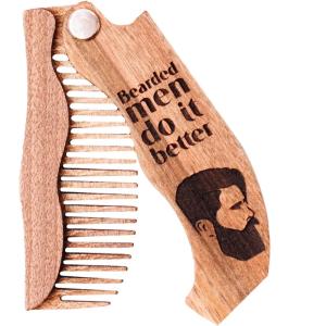 Wooden Beard Comb for Men – Personalized Folding Pocket Comb for Moustache Beard & Hair Walnut Combs Engraved (Half Skull)(Bearded Man)