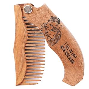 Wooden Beard Comb for Men – Personalized Folding Pocket Comb for Moustache Beard & Hair Walnut Combs Engraved (Half Skull)(Fall in love)