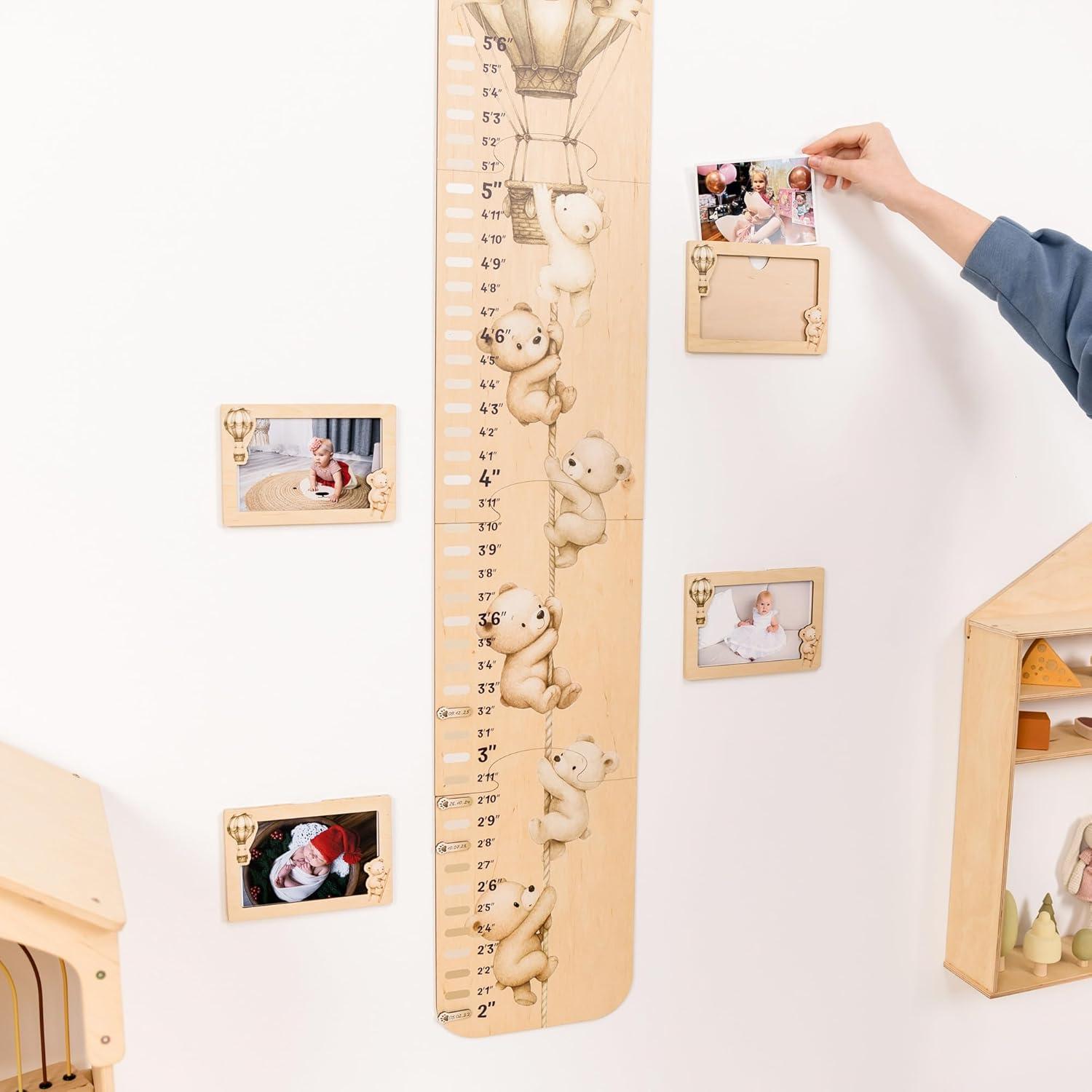 image:imageENJOY THE WOOD Kids Wooden Growth Chart for Wall with Optional Photo Frames Wall Mounted Height Chart for Kids Nursery amp Playroom Decor Wooden Ruler Height Measurement Tool PrincessTeddy Bears