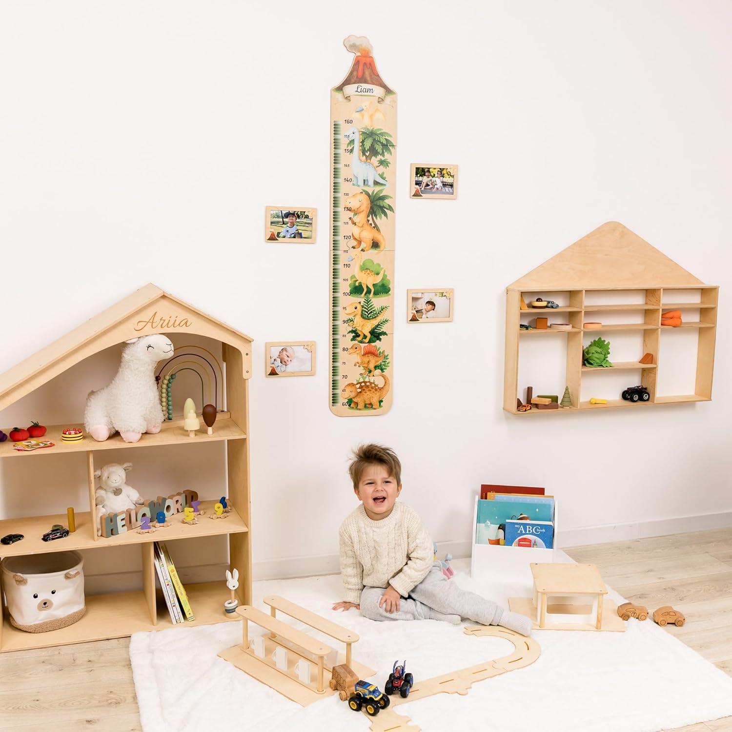 image:imageENJOY THE WOOD Kids Wooden Growth Chart for Wall with Optional Photo Frames Wall Mounted Height Chart for Kids Nursery amp Playroom Decor Wooden Ruler Height Measurement Tool PrincessDino