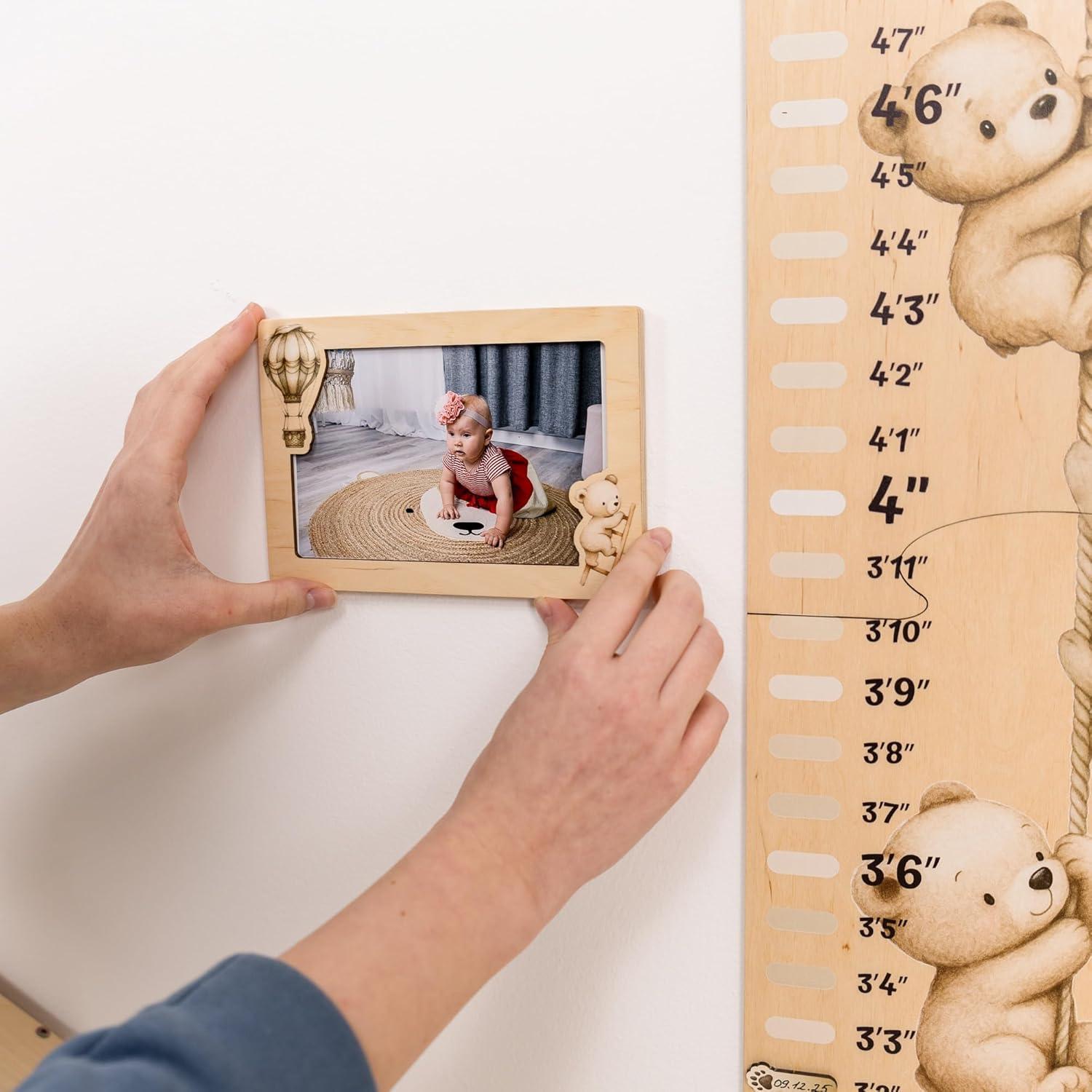 image:imageENJOY THE WOOD Kids Wooden Growth Chart for Wall with Optional Photo Frames Wall Mounted Height Chart for Kids Nursery amp Playroom Decor Wooden Ruler Height Measurement Tool PrincessTeddy Bears