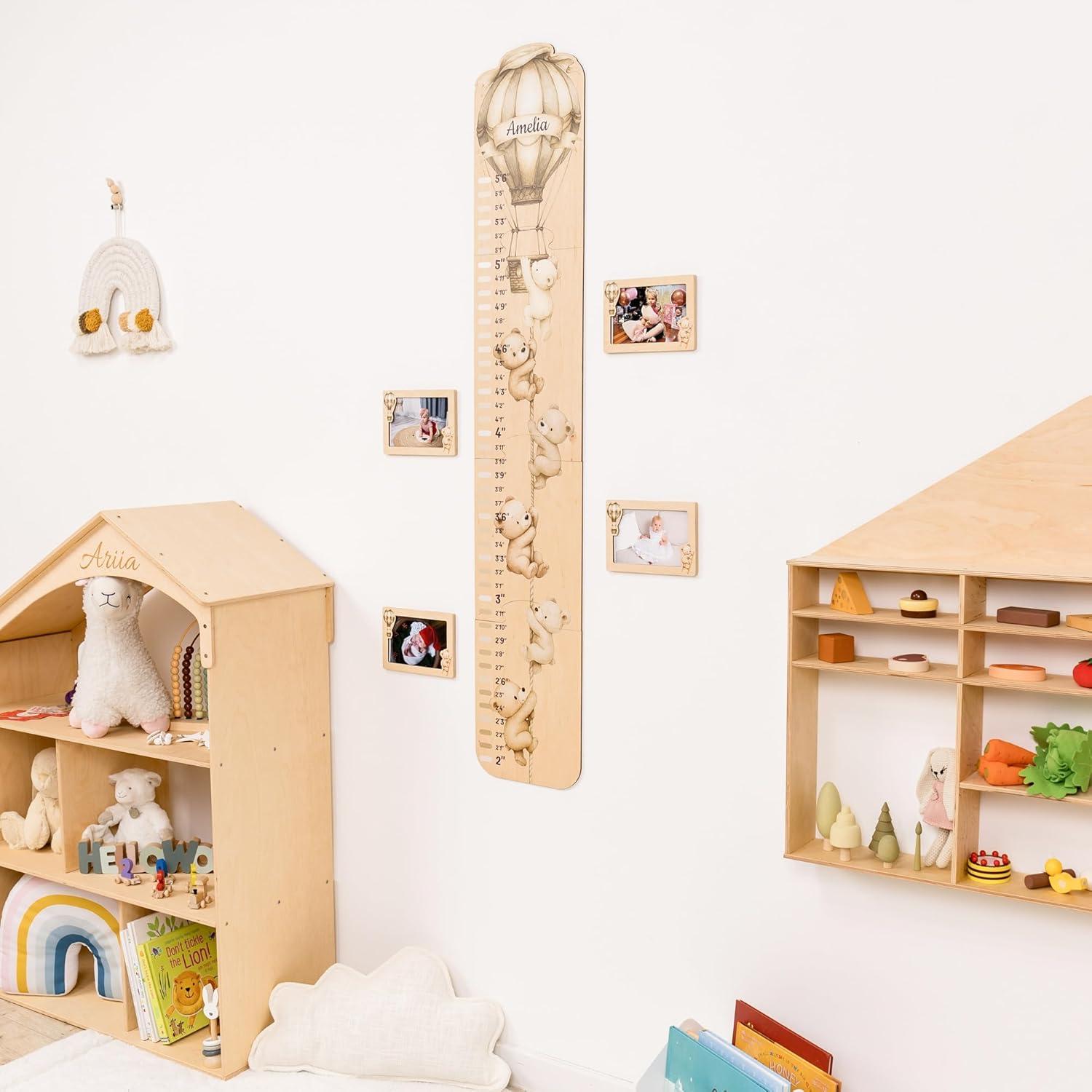 image:imageENJOY THE WOOD Kids Wooden Growth Chart for Wall with Optional Photo Frames Wall Mounted Height Chart for Kids Nursery amp Playroom Decor Wooden Ruler Height Measurement Tool PrincessTeddy Bears