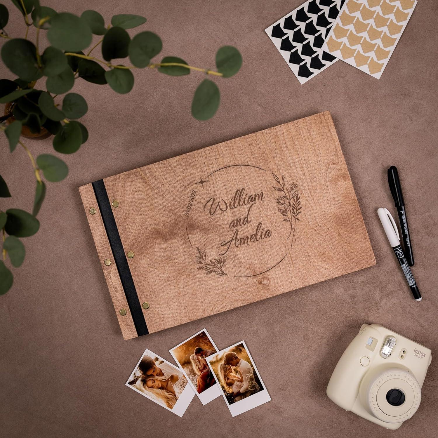 image:imageEnjoy The Wood Personalized Wooden Photo Album with Engraving Handmade Scrapbook Album Custom Memory Book for Wedding Family amp Special Moments Photo Book Best Gift for Couple MonogramWreath
