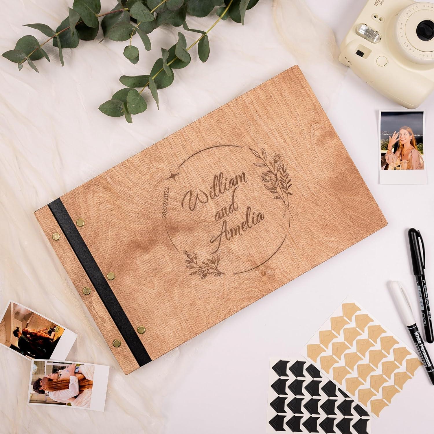 image:imageEnjoy The Wood Personalized Wooden Photo Album with Engraving Handmade Scrapbook Album Custom Memory Book for Wedding Family amp Special Moments Photo Book Best Gift for Couple MonogramWreath